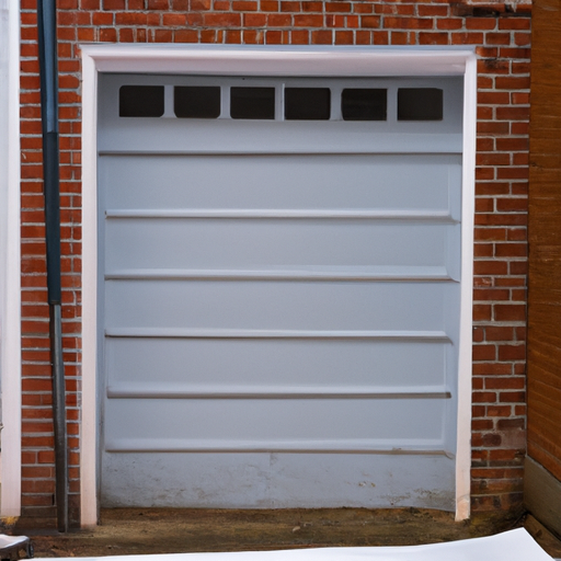 Somerville residential garage door with visible bottom seal and threshold, light snow on sidewalk, brick façade.