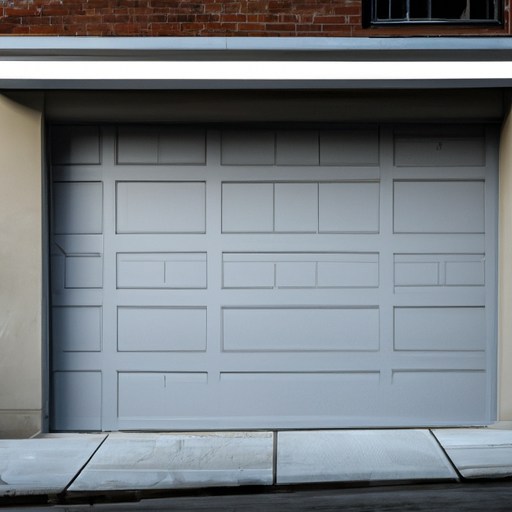 New modern steel garage door installed on a Somerville, MA rowhouse with damp pavement and urban backdrop.