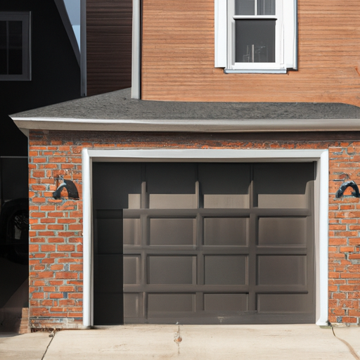 Residential garage door and opener rail visible on a Somerville, MA street with brick houses in soft daylight.