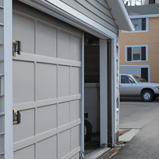 Suburban Somerville driveway with a residential garage door partially open and the opener rail visible, morning light.