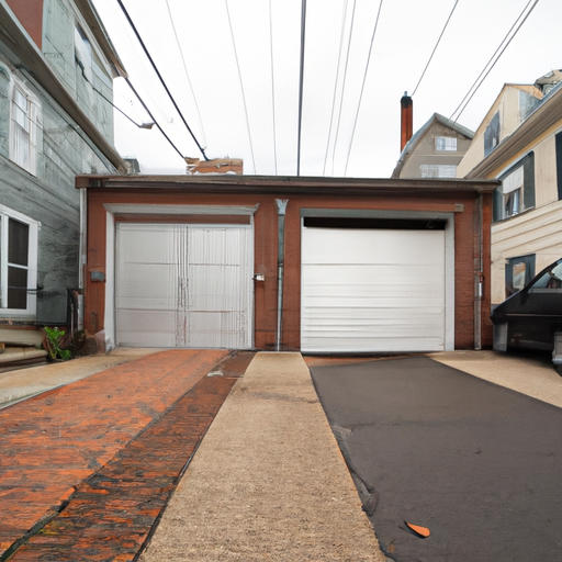 Contemporary steel garage door on a Somerville, MA residential street with brick houses and driveway visible.