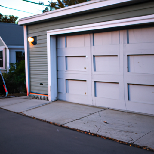 Suburban Somerville garage exterior showing a closed sectional garage door with visible panels and weatherstripping.