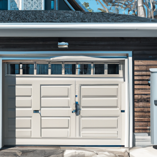 Exterior view of a Somerville residential garage door with the opener rail visible inside, clear daylight.