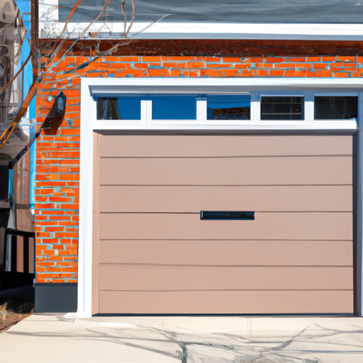 Modern garage door on a two-story Somerville brick house showing weatherstripping and sensor hardware, no people.