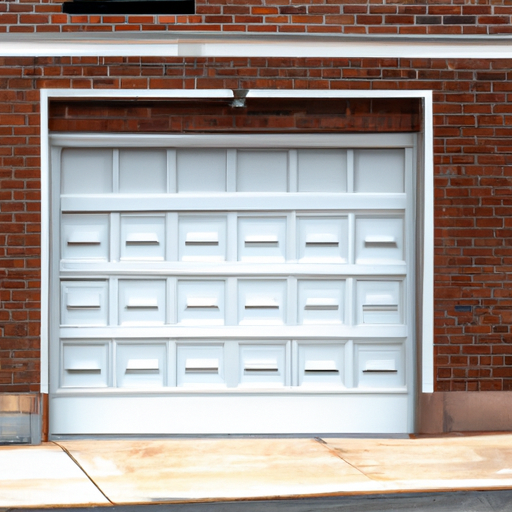 Sectional garage door on a brick Somerville, MA rowhouse under overcast sky, focusing on door panels and frame.