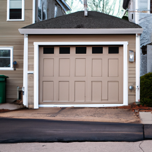 Residential garage door on a Somerville, MA street, showing door, tracks, and weatherstripping in late-afternoon light