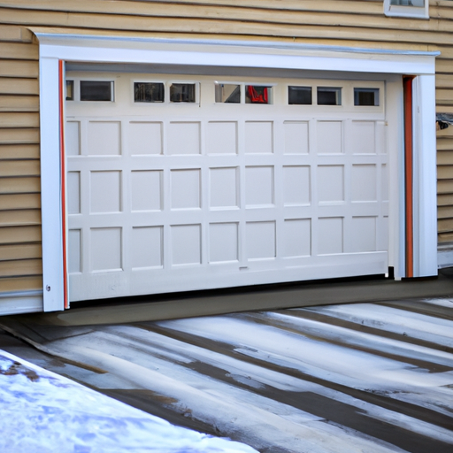 Somerville residential house with a modern garage door visible, clear panels and weather seal, winter melt on sidewalk.