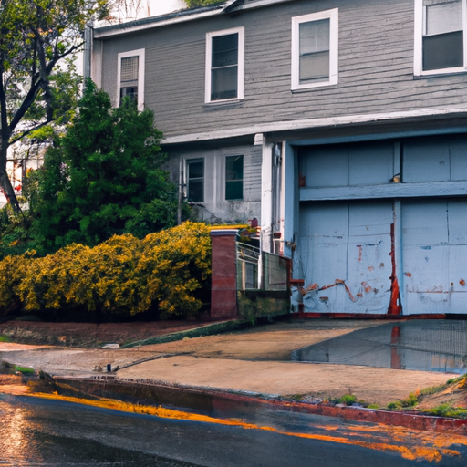 Somerville residential street at golden hour with a visible closed garage door and wet pavement, no people or logos.