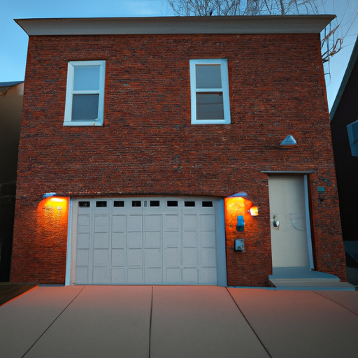 Somerville townhouse at dusk with a modern garage door and visible smart keypad near the entrance.