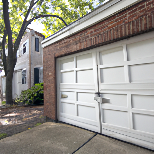 Insulated residential garage door on a Somerville, MA street with brick houses and sidewalk visible
