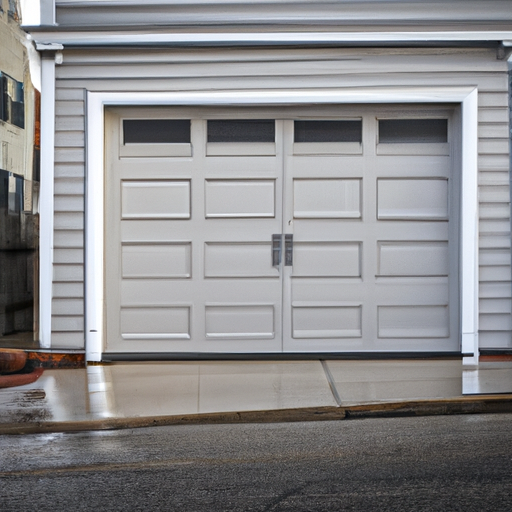Modern steel paneled garage door on a Somerville rowhouse, wet pavement and late-afternoon light.