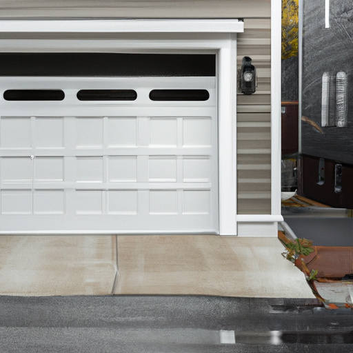 Somerville suburban home with a modern sectional garage door partially open on wet pavement, late afternoon light.
