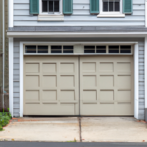 Editorial exterior of a Somerville residential garage door with visible track and weatherstripping on a cloudy day.