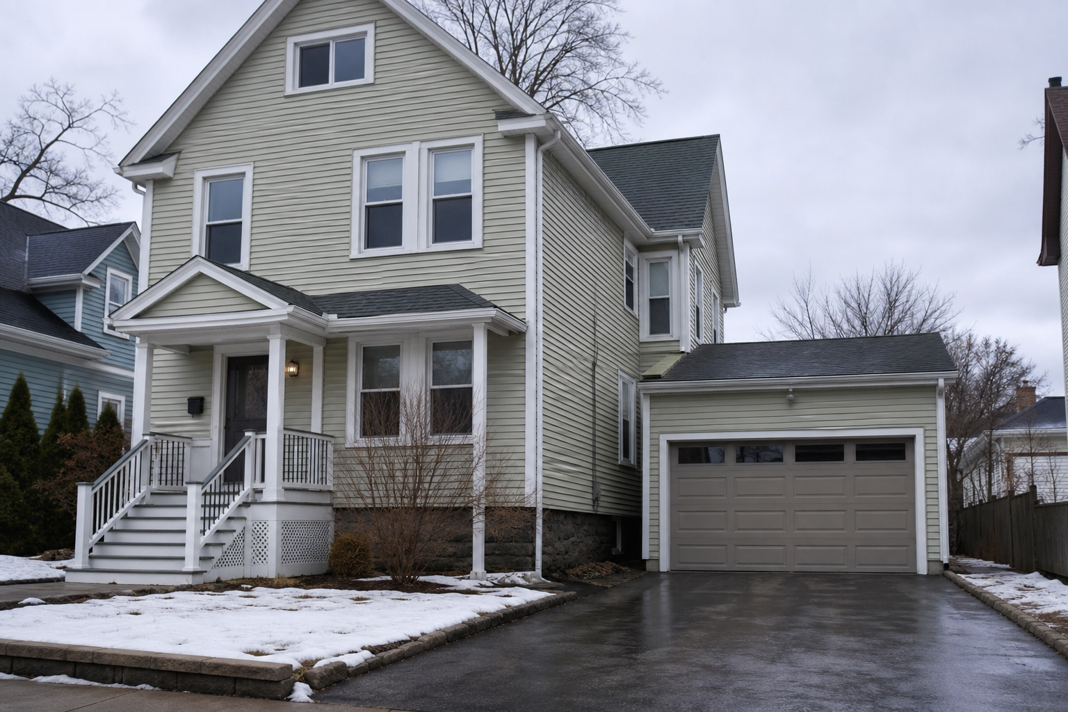 Residential garage door on a Somerville home in overcast New England weather